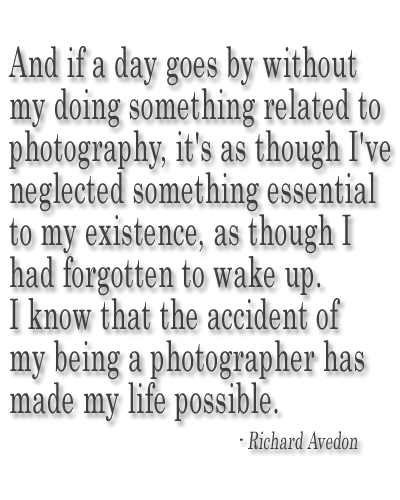 And if a day goes by without my doing something related to photography, it's as though I've neglected something essential to my existence, as though I had forgotten to wake up. I know that the accident of my being a photographer has made my life possible.